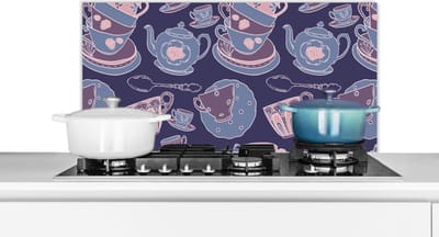 Spatscherm keuken 90x45 cm - Kookplaat achterwand Patroon - Thee - Kop - Theepot - Muurbeschermer - Spatwand fornuis - Hoogwaardig aluminium