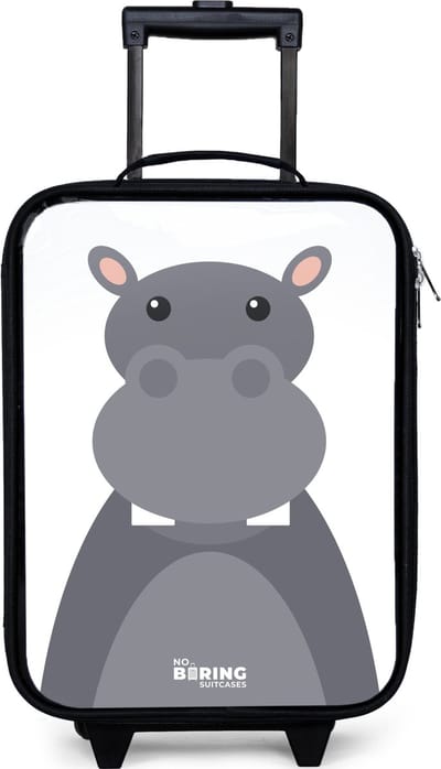 NoBoringSuitcases.com® - Kinderkoffer jongen - Kindertrolley meisje - Dierenportret grijze nijlpaard - Koffer kind lichtgewicht - Reiskoffer trolley voor kinderen - Koffertje met lichtgevende wieltjes - Rolkoffer zwart