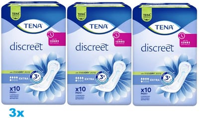 TENA Discreet Extra Incontinentie Pads – 3 x 10 Stuks – Tot 12 uur bescherming – 3 stuks – Incontinentieverband