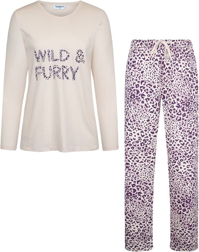 Gaubert Essential Dames Pyjama Lange Mouw - Broek met Zakken - Premium Gekamd Katoen - Wild & Furry Panterprint - Beige - Maat S - GB-2806