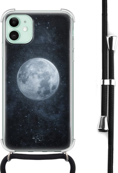 Hoesje met koord geschikt voor iPhone 11 - Maan - Inclusief zwart koord - Crossbody beschermhoes - Transparant, Blauw - Mooie Telefoonhoesjes
