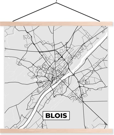 Posterhanger incl. Poster 40x40 cm - Schoolplaat - Plattegrond - Blois - Stadskaart - Kaart - Frankrijk - Textielposter - Blanke latten - Stadskaart