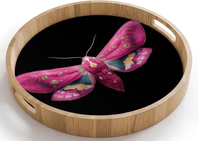 Dienblad rond 40x40 cm - Schootdienblad hout - Vlinder - Roze - Nachtvlinder - Borrelplank rechthoek - Plateau houten dienbladen