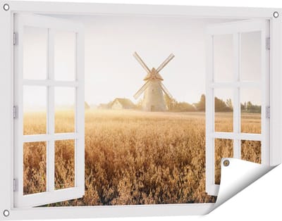 Gards Tuinposter Doorkijk Windmolen in het Veld - 90x60 cm - Tuindoek - Tuindecoratie - Wanddecoratie buiten - Tuinschilderij