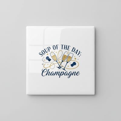Grappige Keuken Tekst Keramische Tegel – “Soup of the Day Champagne” – Decoratieve Wandtegel 15×15 cm