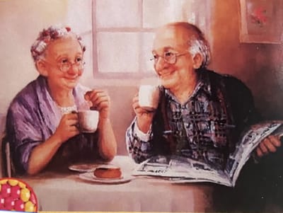 TOPMO - Oma en Opa ontbijten - HQ Diamond Painting - volledig dekkend - Diamant Schilderen – voor Volwassenen – ROND - 40 x 50 CM