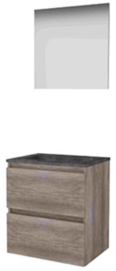 Basic-Line Basic 46 Badkamermeubelset - 60 x 46 cm - Greeploos - 2 Lades - Hardstenen Wastafel - Zonder Kraangat - Spiegel - Scotch Oak