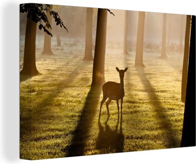 Canvas Schilderij Hert - Bos - Zon - 90x60 cm - Wanddecoratie