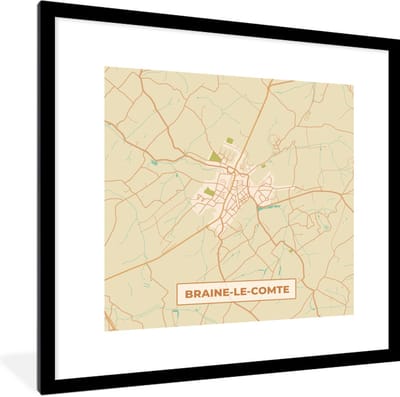 Fotolijst incl. Poster - Vintage - Plattegrond - Kaart - Stadskaart - Braine-le-Comte - 40x40 cm - Posterlijst