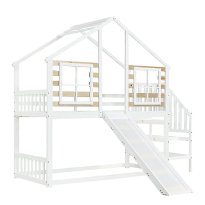 Wishdor Huis Stapelbed 90x200 cm - Glijbaan & Dak - Ramen & Trap - Wit/Naturel Hout - Avontuurlijk & Veilig