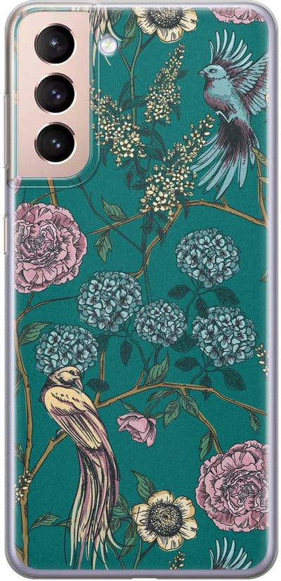 Hoesje geschikt voor Samsung Galaxy S21 - Vogels Japanse bloemen - Soft Case - TPU - Bloemen - Blauw - Mooie Telefoonhoesjes