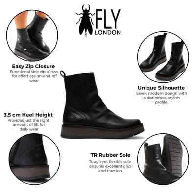 Fly London Dames Zwarte RENO053FLY Leren Enkellaarsjes met Rits en Platform Comfort