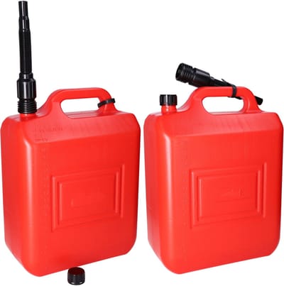 CM Jerrycan/benzinetank - 2x - 10 liter - knalrood - Brandstof jerrycans/benzinetanks - met flexibele schenktuit - 36 x 31 x 14 cm