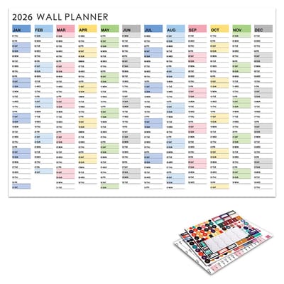 Bureaukalender 2026 - Familiekalender - Jaarplanner - Wandmontage - Schema - 74x52,5 cm - Studentenkantoorpapierplanner - Wordt geleverd met dubbelzijdige lijm en stickers - Geschikt voor scholen - Kantoren - Huizen - Blauwgroen