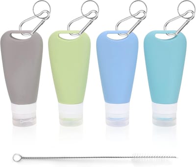 Famanu – Siliconen reisflessen - 90 ml - lekvrij - navulbare reisformaat - reisflessen met karabijnhaak en reinigingsborstel - geleverd voor het vullen van shampoo - lotion enz