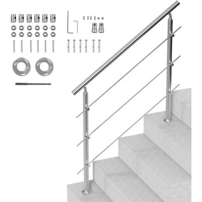 VEVOR Buitentrapleuningen, lengte 120 cm, 3 dwarsbalken, trapleuningset, overgangsleuning van roestvrij staal met montageset, dubbele trapleuningen voor senioren, veranda en terras