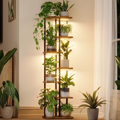Dailygoods- Plantenstandaard met Groeilicht - 7 Niveaus - Metalen Plantenrek - Houten Bloemstandaard - Volspectrum-LEDs - Ruimtebesparend Ontwerp
