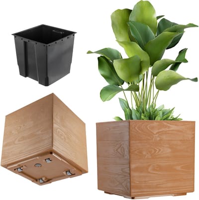 KADAX plantenbak op wielen, 39 x 40 cm, grote plastic bloempot in moderne betonlook, vierkante bloempot voor terras en tuin (donkerbruin)