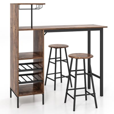 COSTWAY Bartafel met barkruk, set voor 2 personen, met houders voor wijnglazen en flessen, toog voor woonkamer, eetkamer en keuken (koffiekleurig)