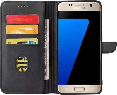 Geschikt voor Samsung Galaxy S7 Edge Telefoonhoesje Kunstleer met Magnetisch lipje en Pasjeshouder Book Case met Klepje - Zwart - Smartphonica geschikt voor Samsung Galaxy S7 Edge