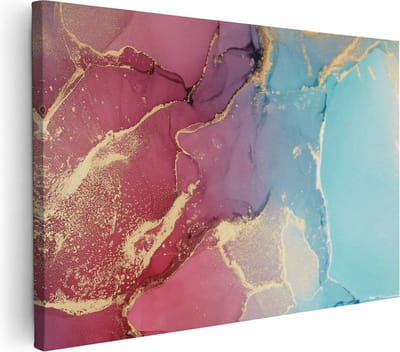 Artaza Canvas Schilderij Abstract - 90x60 cm - Wanddecoratie Goud - Muurdecoratie Woonkamer - Schilderijen Op Canvas Roze Blauw