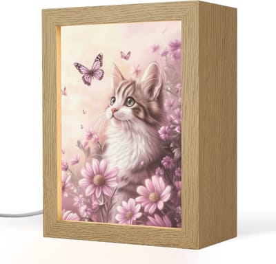 Nachtlampje 15x20 cm - Kinder lampje - Kitten - Bloemen - Vlinders - Paars - Tafellamp kinderkamer - Slaapkamer lamp - Bedlamp kinderen - Kinderlampje stopcontact - Wandlamp babykamer - Nachtlampjes