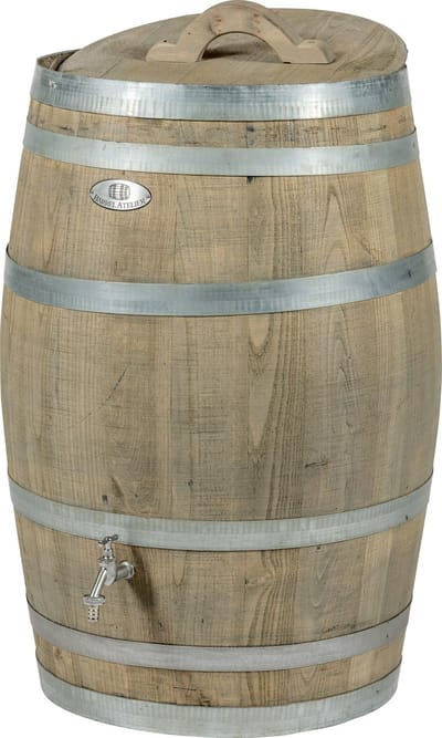 Regenton nieuw "Grey" 150 l. incl. kraan, los deksel, handvat en gat aan de achterzijde voor de vulautomaat / Houten Regenton / Grijs