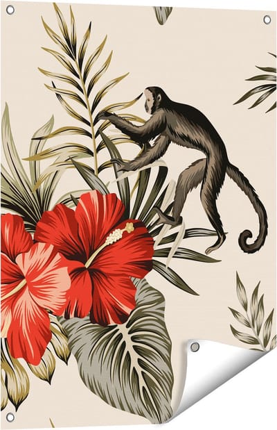 Gards Tuinposter Tropische Bloemen met Apen Achtergrond - 60x80 cm - Tuindoek - Tuindecoratie - Wanddecoratie buiten - Tuinschilderij