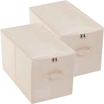 Grote Opbergmand met Deksel, Vouwbare Stoffen Opbergdoos met Handvatten, Beige, Set van 2, Ideaal voor Organisatie en Opslag