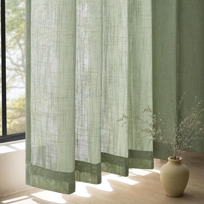 1 stuks gordijnen, saliegroen, linnen, gordijnen, woonkamer, slaapkamer, decoratief gordijn met plooiband, semi-transparant, voile, natuurlijke stijl, 260 x 300 cm (h x b), boho-gordijn voor