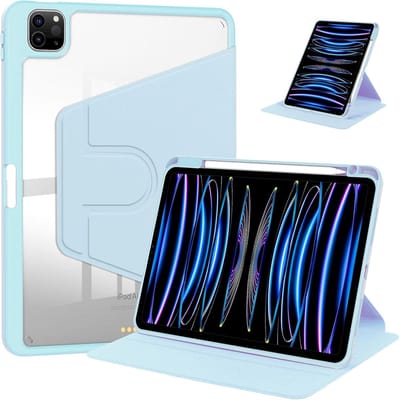 Acryl Draaibare Stand Case Hoesje Geschikt voor: iPad Pro 11 inch 4e/3e/2e generatie (2022/2021/2020) / Air 5 (2022) / Air 4 (2020) / Air 11 inch (2025) M3 / Air 11 inch (2024) M2 - met Potloodhouder (Lichtblauw)