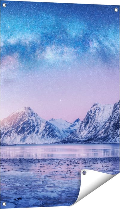 Gards Tuinposter Melkweg bij de Besneeuwde bergen - 60x90 cm - Tuindoek - Tuindecoratie - Wanddecoratie buiten - Tuinschilderij
