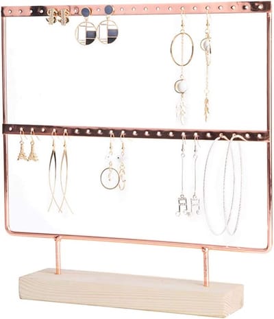 Sieradenhouder - Display voor Sieraden - Oorbellenrek - Hout en Metaal - 27x22x7 cm - Rose Goud