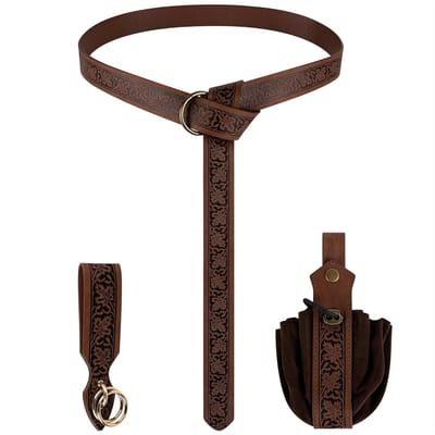 Medieval Vintage Tailleband Set met 3 Stukken voor Retro Renaissance Kostuum, Inclusief Tas en Sleutelhanger voor Festivals, Halloween en Cosplay Accessoires (Bruin)