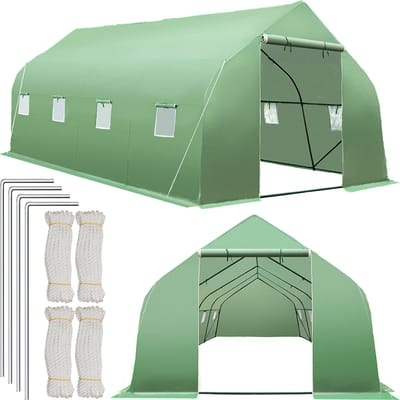 tectake® Foliekas - Tunnelkas - Kas met Folie - 600 x 300 x 205 cm - Stalen Frame - Kweektent - 8 Gaasramen - 18m² - Plant- en Oppotruimte - Incl. Kasaccessoires