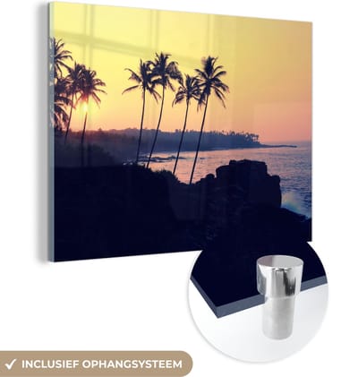 MuchoWow® Glasschilderij 40x30 cm - Schilderij acrylglas - Zee - Palmboom - Avond - Landschap - Foto op glas - Schilderijen