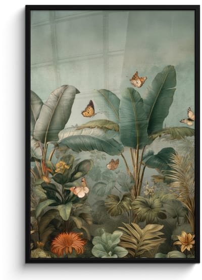 Poster in lijst - Fotolijst 80x120 cm - Posters - Tropisch bladerdek - Vlinders - groen - Bruin - Posterlijst zwart - Decoratie - Wanddecoratie woonkamer - Muurdecoratie slaapkamer