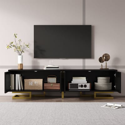 MODFU Tv-Meubel – 160x38x44,5 cm – Gestructureerde deuren – Met goudkleurige poten – Moderne televisiekast voor de woonkamer – Spaanplaat – Zwart