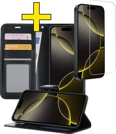 Hoesje - Met Screenprotector - Geschikt voor Apple iPhone 16 Pro - Luxe Pasjeshouder - Bookcase Portemonee - Flip Case - Kunstleer Book Case - Flipcase - Book Cover - Walletcase - Portemonneehoes - Telefoonhoesjes - Zwart