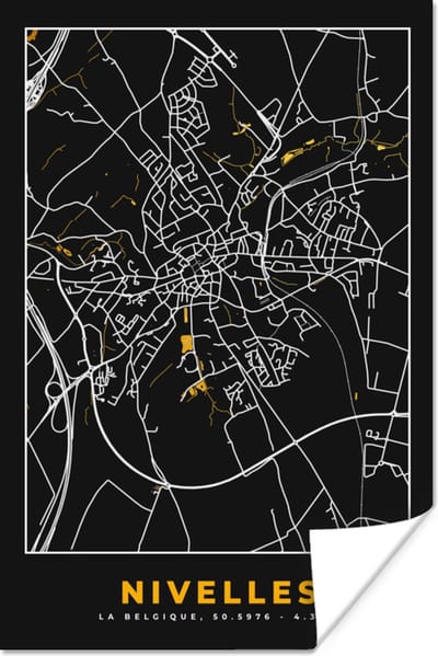 Poster Goud - Stadskaart - Plattegrond - Nivelles - Kaart - 120x180 cm XXL