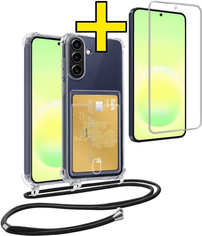 Hoesje Geschikt voor Samsung A57 Telefoonhoesje Met Koord Case Pashouder Met Screenprotector Siliconen - Hoes Geschikt voor Samsung Galaxy A57 Hoesje Met Kaarthouder - Transparant
