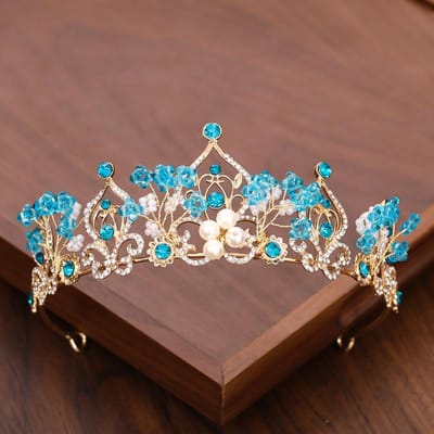 La Nouvelle Couronne de Princesse Fleur Perle Cristal Bleu Diadème de Mariée Tiare de Mariage Bijou de Tête Bijoux de Cheveux Accessoires de Cheveux de Mariage