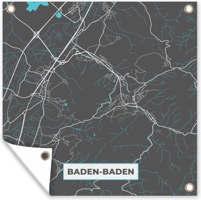 Tuin poster Baden Baden – Stadskaart – Blauw – Plattegrond – Stadskaart – Kaart - Duitsland - 200x200 cm - Tuindoek