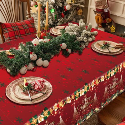 Plastic kersttafelkleden, 2 stuks, 137 cm x 274 cm, rood en goud tafelkleed voor Kerstmis, kerstcadeau, rechthoekig, waterdicht tafelhoes voor de feestdagen, familiediner, kerstfeestdecoraties-Vrolijk kerstfeest
