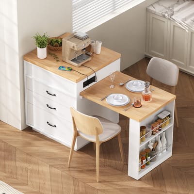 HAUSS SPOLE Keukeneiland - Uitschuifbare Eettafel Met LED En Oplaadstation - Met Wielen Voor Keuken En Eethoek - MDF - Wit - 125,5-187,5x71x93 Cm