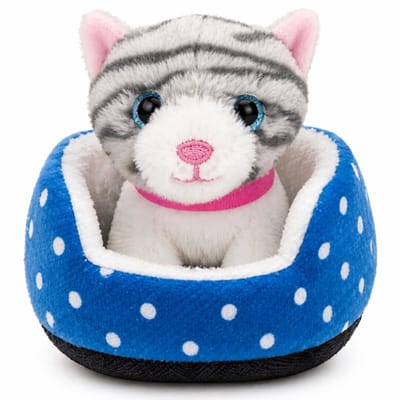 Topknuffels® Grijze Kat in Kattenmand Pluche Knuffel 15 cm - Speelgoed Knuffels voor Kinderen Jongens Meisjes - Cat Kitten - Dog Puppy