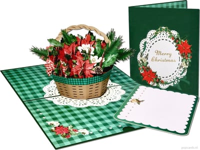 Popcards popupkaarten –  Kerstkaart met fraai versierd Kerststuk - Kerstmand Kerstroos Dennenappels Dennentakken pop-up kaart 3D wenskaart