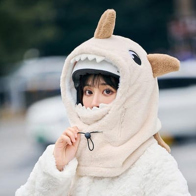 Couvre-ski Protection des oreilles Cache-visage Bonnet pull Chaud Placage Dessin animé Requin Cyclisme Mignon Chapeau de casque de neige white
