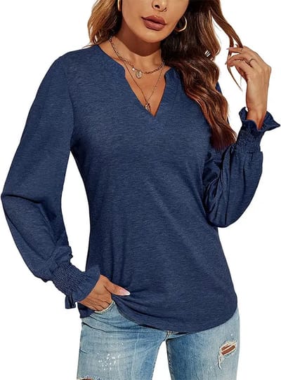 ASTRADAVI Casual Wear - Dames V-Hals Blouse - Stijlvolle Top met Geplooide Mouwen - Heather Marineblauw / Small