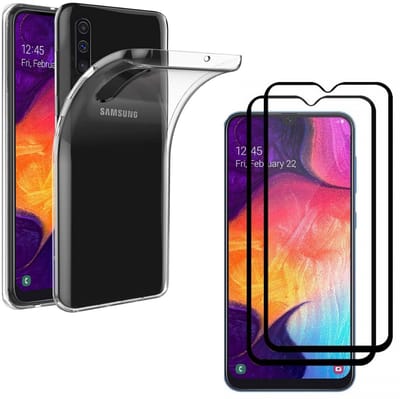 Hoesje Ultraslank geschikt voor Galaxy a50 backcover siliconen Transparant en 2 stuks ScreenProtector Gehard Glas met zwarte randen